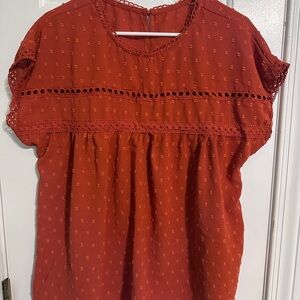Emery Rose Swiss Dot and Lace Dark Orange Pullover Blouse Top Size L